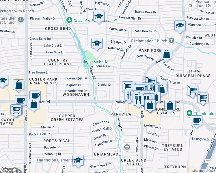 map of restaurants, bars, coffee shops, grocery stores, and more near 1412 Sequoia Drive in Plano