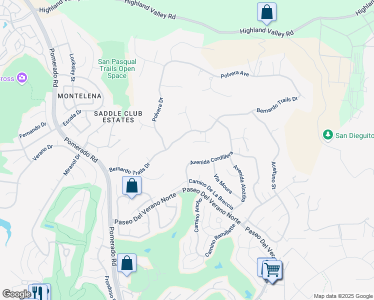map of restaurants, bars, coffee shops, grocery stores, and more near 18635 Bernardo Trails Drive in San Diego