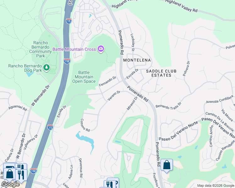 map of restaurants, bars, coffee shops, grocery stores, and more near 18238 Verano Drive in San Diego