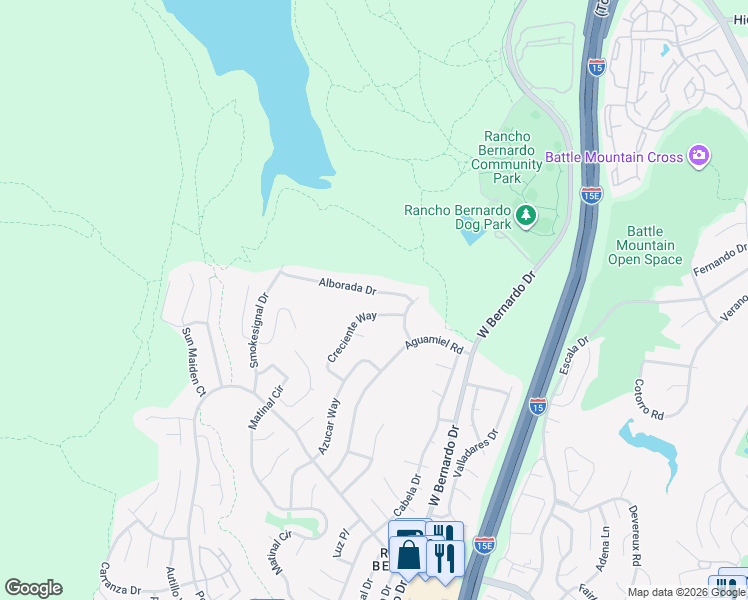 map of restaurants, bars, coffee shops, grocery stores, and more near 11526 Alborada Drive in San Diego