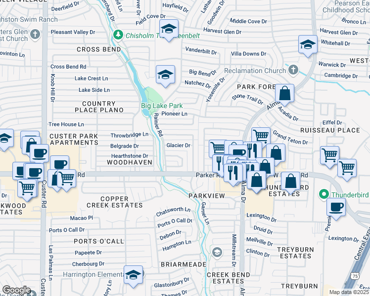 map of restaurants, bars, coffee shops, grocery stores, and more near 1412 Sequoia Drive in Plano