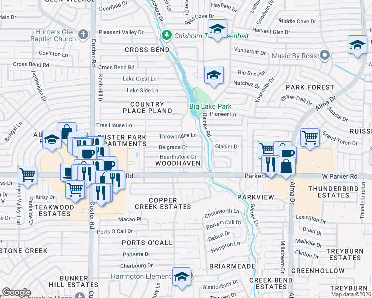 map of restaurants, bars, coffee shops, grocery stores, and more near 1604 Throwbridge Lane in Plano