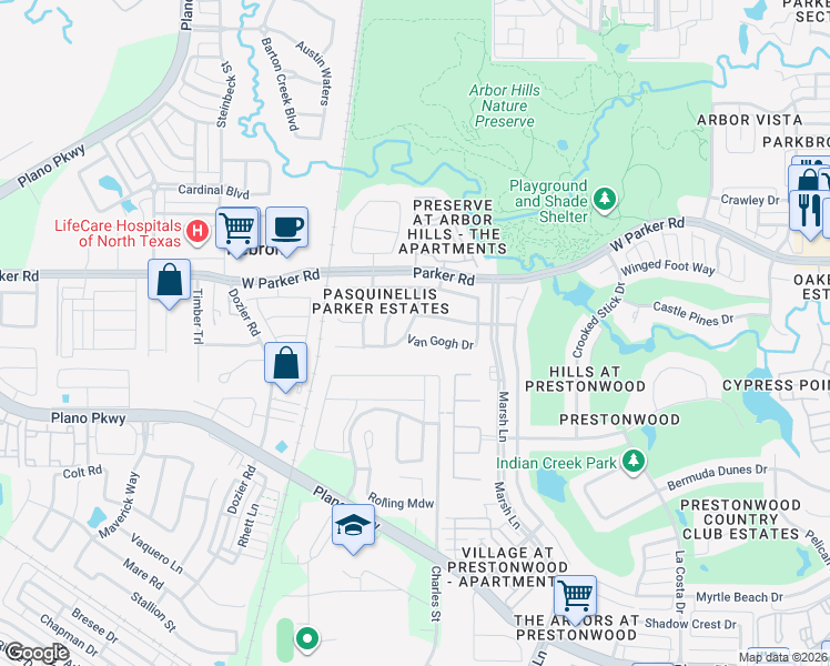map of restaurants, bars, coffee shops, grocery stores, and more near 3133 Bonsai Drive in Plano