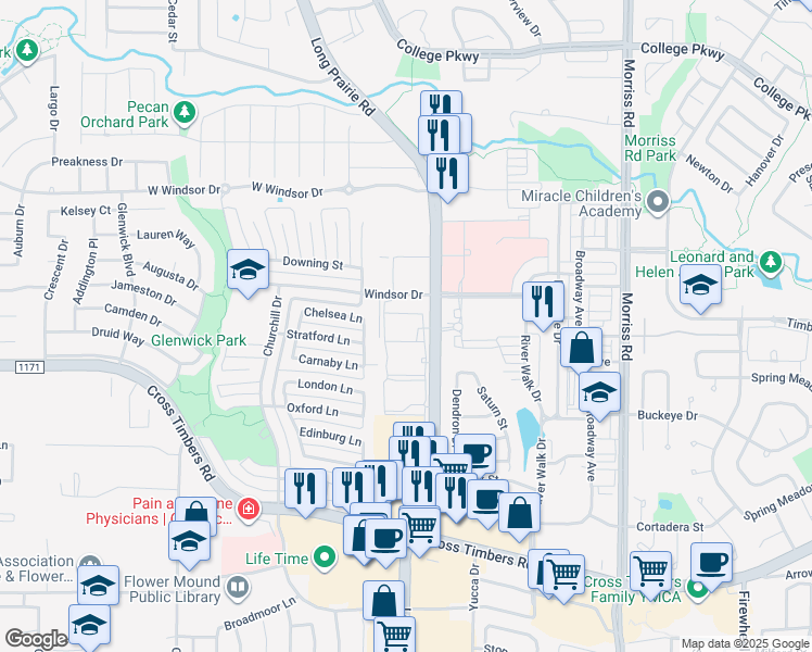 map of restaurants, bars, coffee shops, grocery stores, and more near 4041 Windsor Drive in Flower Mound