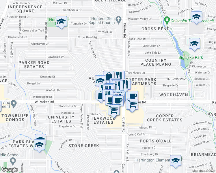 map of restaurants, bars, coffee shops, grocery stores, and more near 3415 Custer Road in Plano