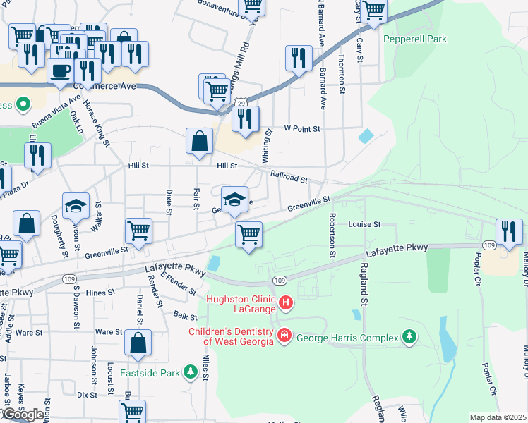 map of restaurants, bars, coffee shops, grocery stores, and more near 929 Greenville Street in LaGrange