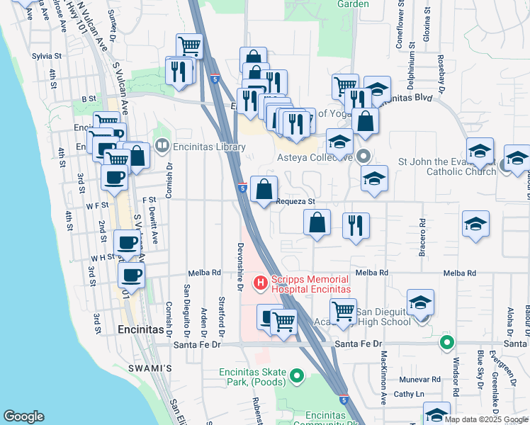 map of restaurants, bars, coffee shops, grocery stores, and more near 389 Requeza Street in Encinitas