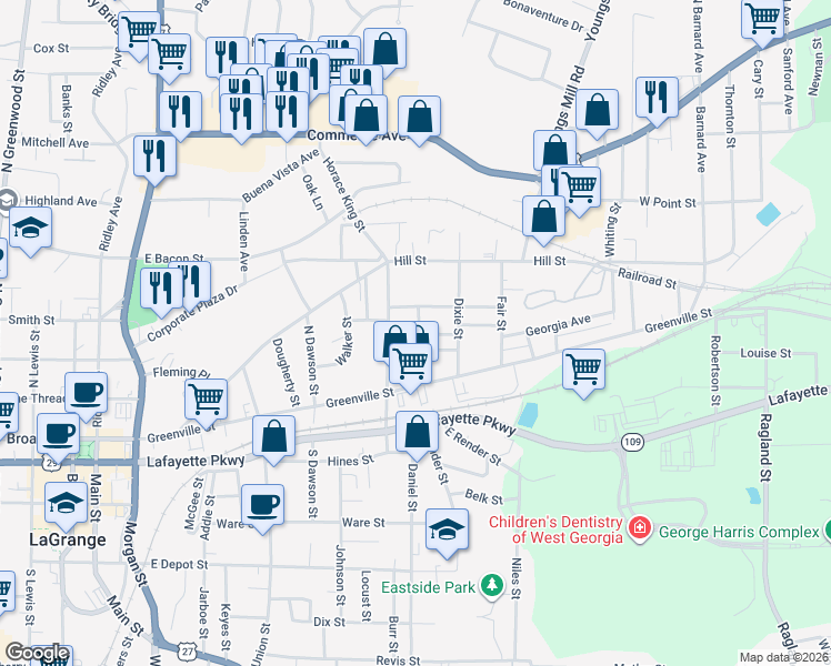 map of restaurants, bars, coffee shops, grocery stores, and more near 303 Front Street in LaGrange