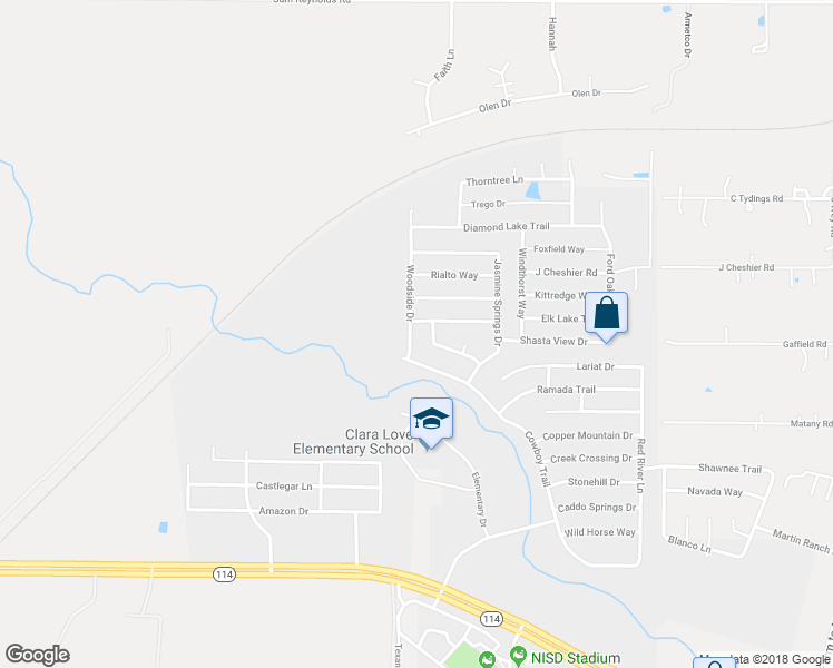 map of restaurants, bars, coffee shops, grocery stores, and more near 16520 Woodside Drive in Justin