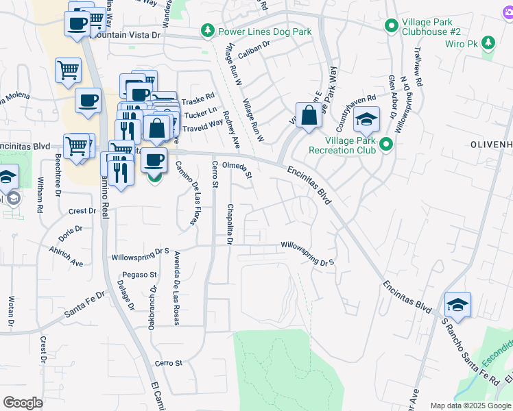 map of restaurants, bars, coffee shops, grocery stores, and more near 1662 Forestdale Drive in Encinitas