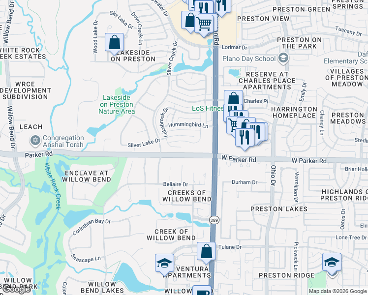 map of restaurants, bars, coffee shops, grocery stores, and more near 3300 Lakebrook Drive in Plano