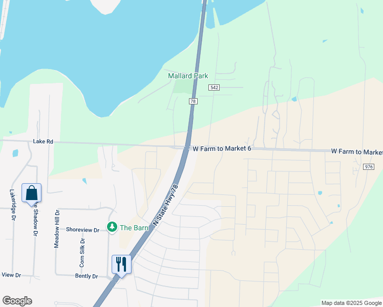 map of restaurants, bars, coffee shops, grocery stores, and more near 2343 Lake Road in Lavon