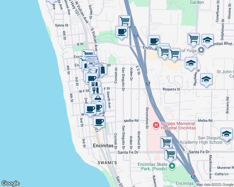 map of restaurants, bars, coffee shops, grocery stores, and more near 735 Cornish Drive in Encinitas