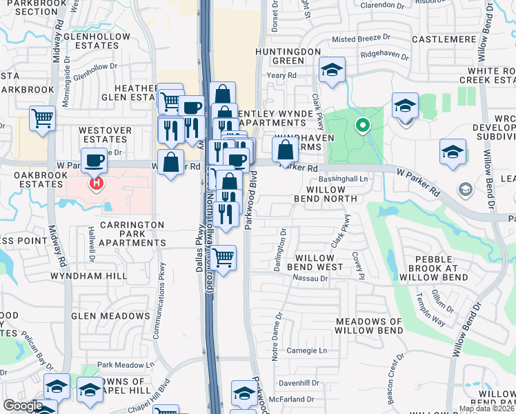 map of restaurants, bars, coffee shops, grocery stores, and more near in Plano
