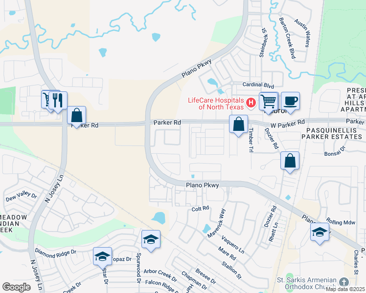 map of restaurants, bars, coffee shops, grocery stores, and more near 4816 Garner Drive in Carrollton