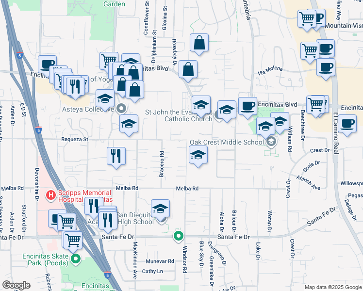 map of restaurants, bars, coffee shops, grocery stores, and more near 760 Bonita Drive in Encinitas