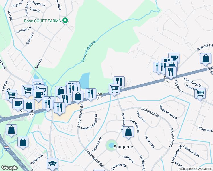 map of restaurants, bars, coffee shops, grocery stores, and more near 437 Turtle Pond Road in Summerville