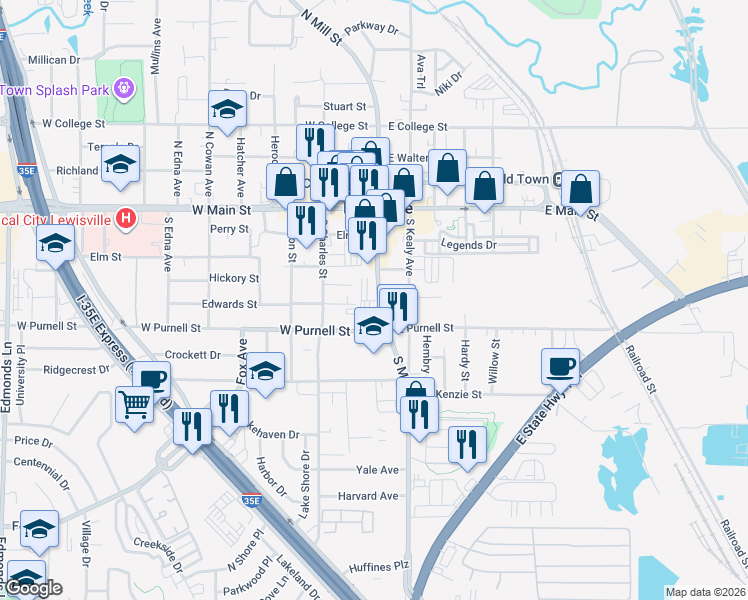 map of restaurants, bars, coffee shops, grocery stores, and more near 535 South Mill Street in Lewisville