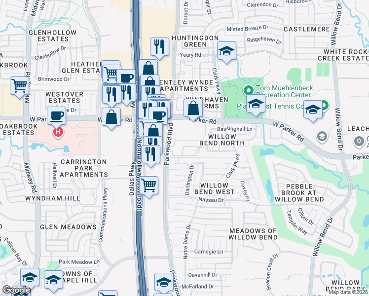 map of restaurants, bars, coffee shops, grocery stores, and more near 5930 West Parker Road in Plano