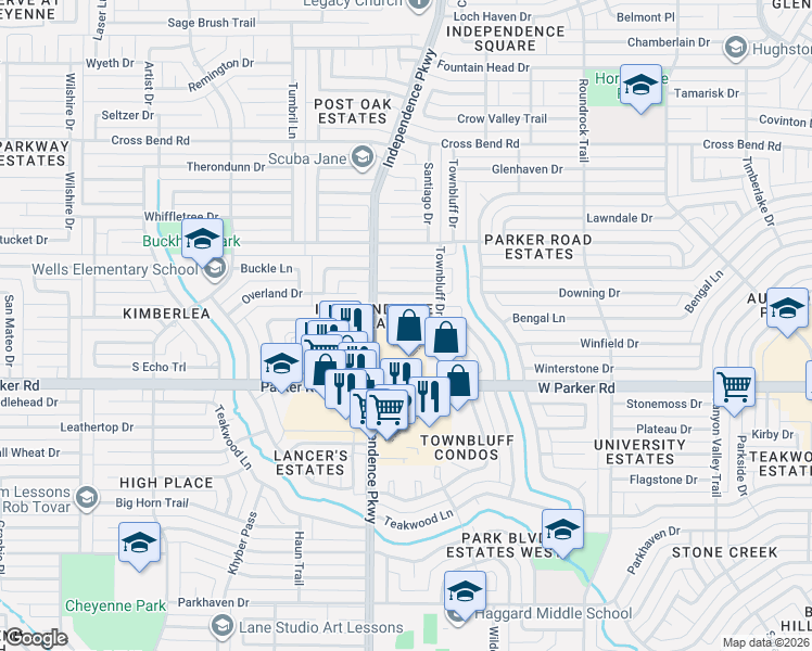 map of restaurants, bars, coffee shops, grocery stores, and more near 3600 Hilltop Lane in Plano