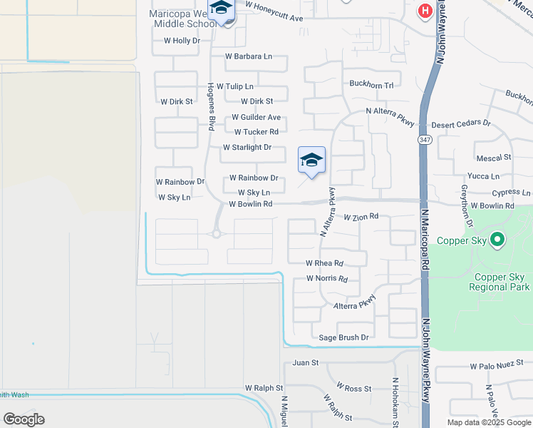 map of restaurants, bars, coffee shops, grocery stores, and more near 45558 Mountain View Road in Maricopa