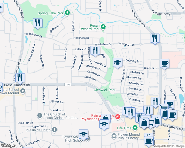 map of restaurants, bars, coffee shops, grocery stores, and more near 3400 Camden Drive in Flower Mound