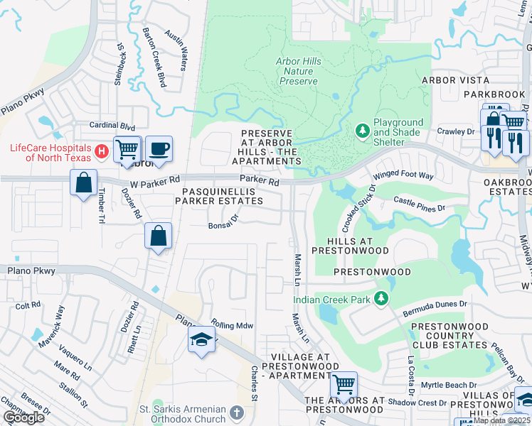 map of restaurants, bars, coffee shops, grocery stores, and more near 7029 Eagle Vail Drive in Plano