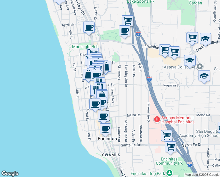 map of restaurants, bars, coffee shops, grocery stores, and more near 705 Dewitt Avenue in Encinitas