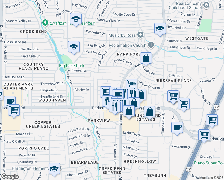 map of restaurants, bars, coffee shops, grocery stores, and more near 1109 Lombardy Drive in Plano