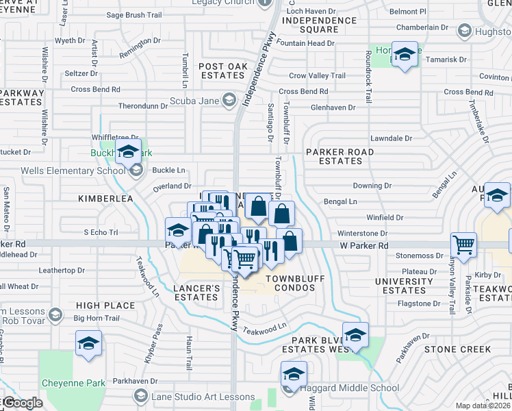 map of restaurants, bars, coffee shops, grocery stores, and more near 3600 Hilltop Lane in Plano