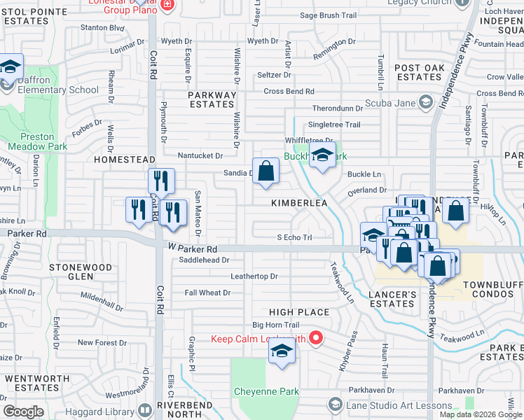 map of restaurants, bars, coffee shops, grocery stores, and more near 3625 Candelaria Drive in Plano