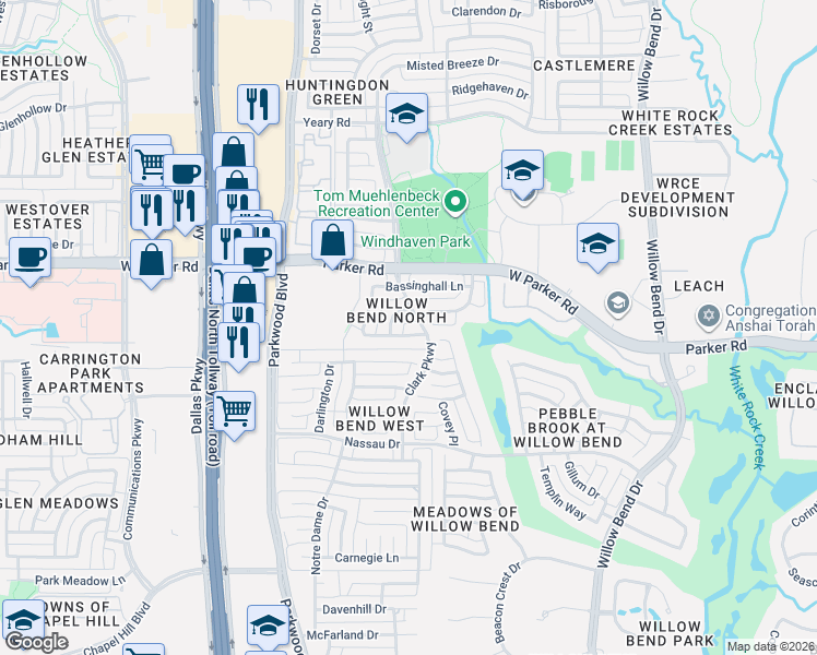 map of restaurants, bars, coffee shops, grocery stores, and more near 3212 Saint Georges Drive in Plano