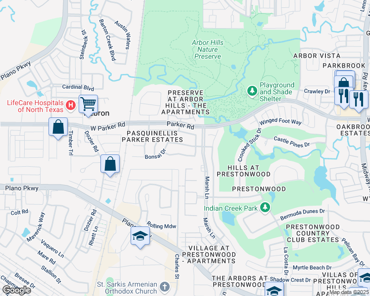 map of restaurants, bars, coffee shops, grocery stores, and more near 7029 Eagle Vail Drive in Plano