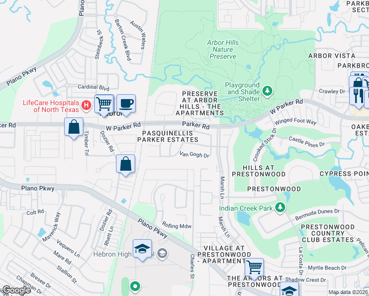 map of restaurants, bars, coffee shops, grocery stores, and more near 3133 Bonsai Drive in Plano