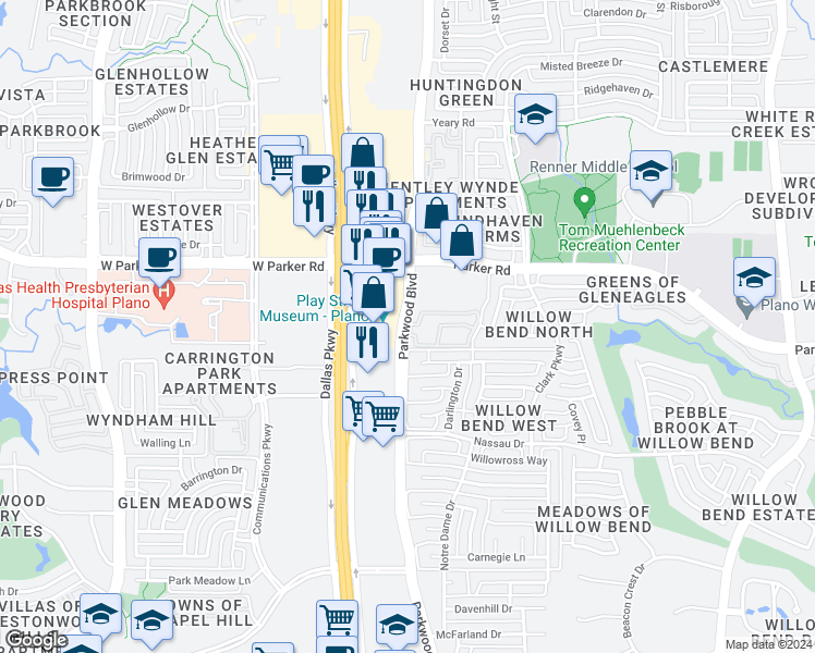 map of restaurants, bars, coffee shops, grocery stores, and more near 3100 Parkwood Boulevard in Plano