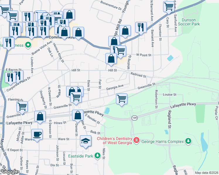 map of restaurants, bars, coffee shops, grocery stores, and more near 228 Cherry Valley Drive in LaGrange