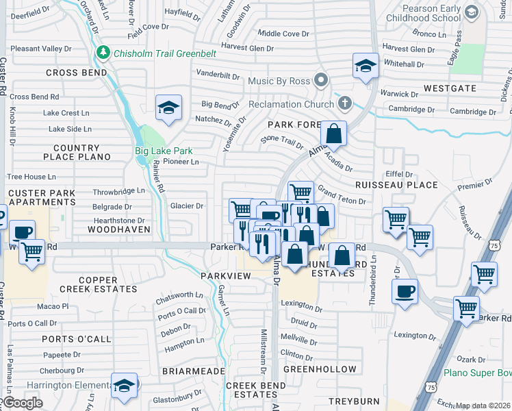 map of restaurants, bars, coffee shops, grocery stores, and more near 1109 Lombardy Drive in Plano