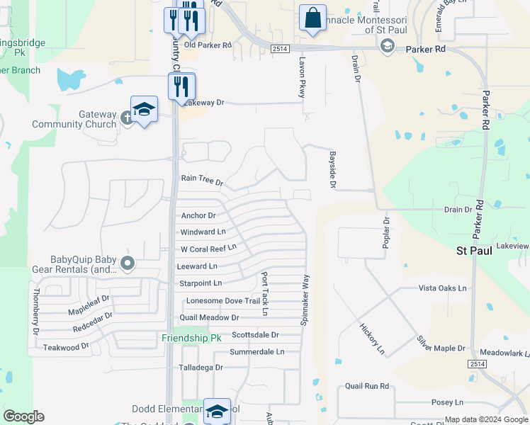 map of restaurants, bars, coffee shops, grocery stores, and more near 1314 Windward Lane in Wylie