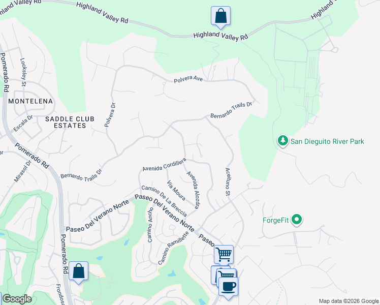 map of restaurants, bars, coffee shops, grocery stores, and more near 12724 Via Nasca in San Diego
