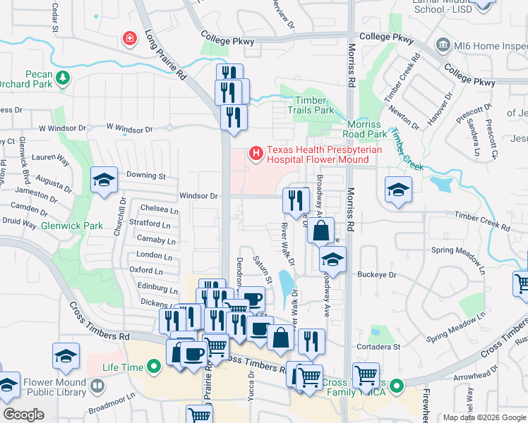 map of restaurants, bars, coffee shops, grocery stores, and more near 4001 River Walk Drive in Flower Mound