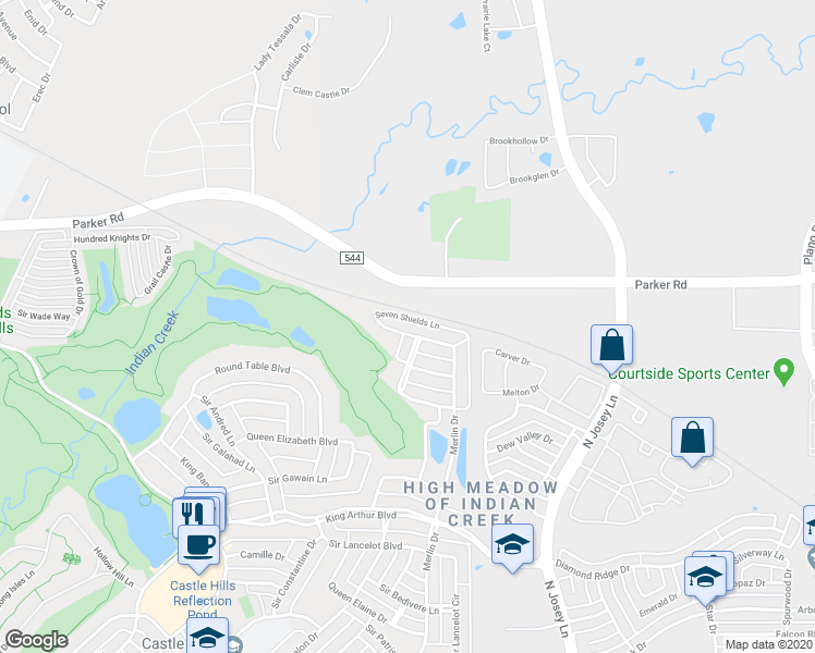 map of restaurants, bars, coffee shops, grocery stores, and more near 2771 Seven Shields Lane in Lewisville
