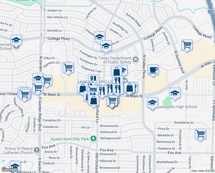map of restaurants, bars, coffee shops, grocery stores, and more near 165 North Old Orchard Lane in Lewisville