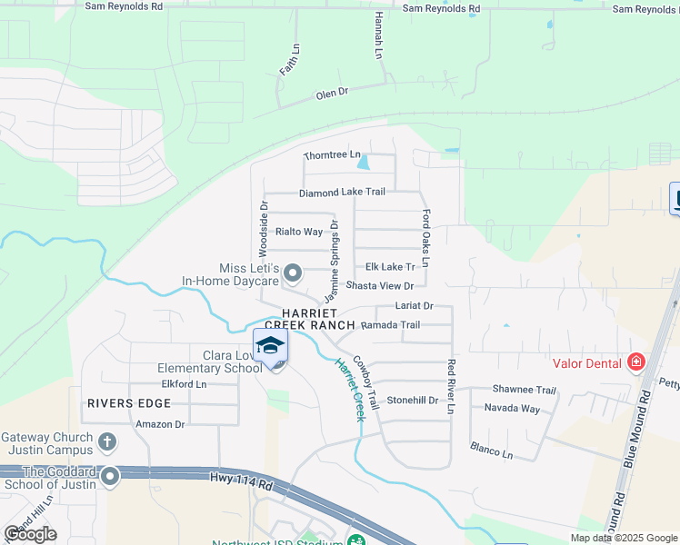 map of restaurants, bars, coffee shops, grocery stores, and more near 16556 Jasmine Springs Drive in Justin