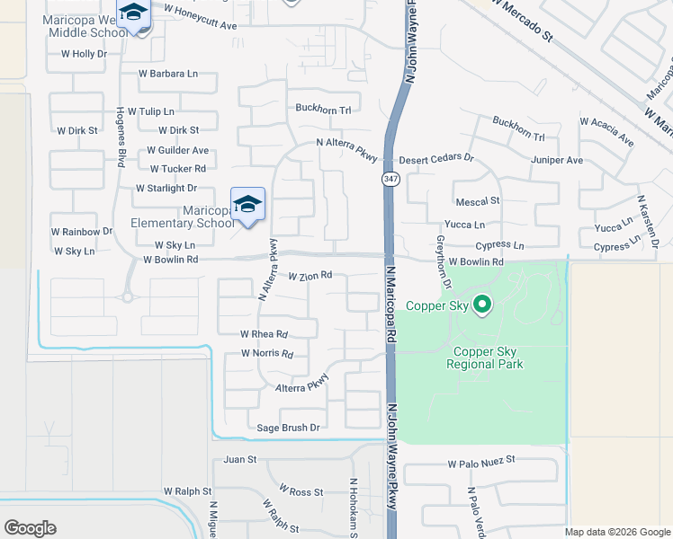 map of restaurants, bars, coffee shops, grocery stores, and more near 44900 West Zion Road in Maricopa