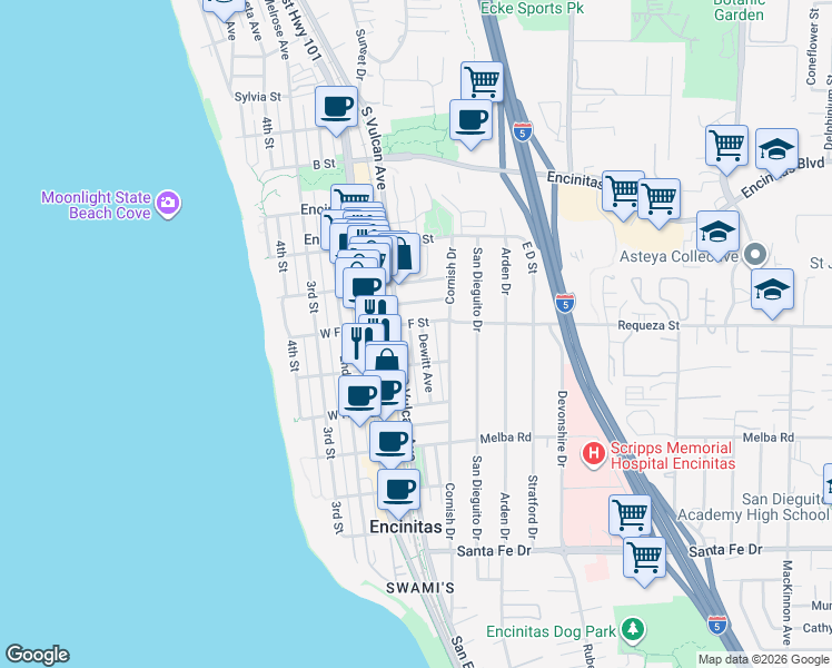 map of restaurants, bars, coffee shops, grocery stores, and more near 705 Dewitt Avenue in Encinitas