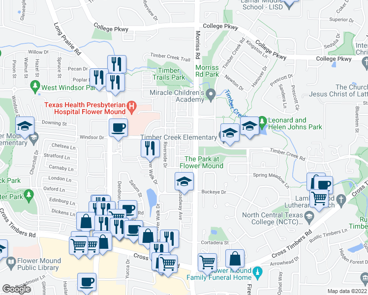 map of restaurants, bars, coffee shops, grocery stores, and more near 4200 South Broadway Avenue in Flower Mound