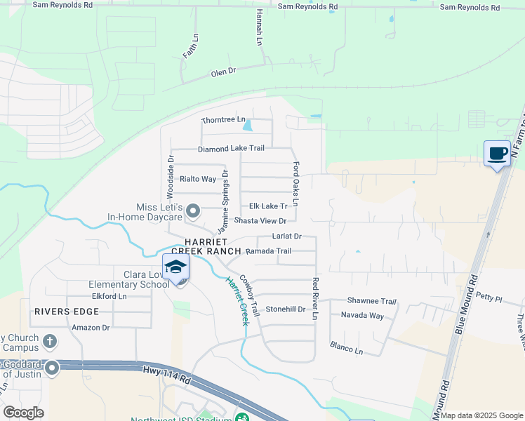 map of restaurants, bars, coffee shops, grocery stores, and more near 1828 Elk Lake Tr in Justin