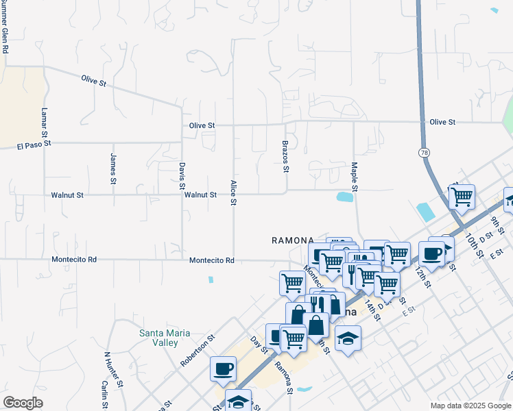 map of restaurants, bars, coffee shops, grocery stores, and more near 1512 Walnut Street in Ramona