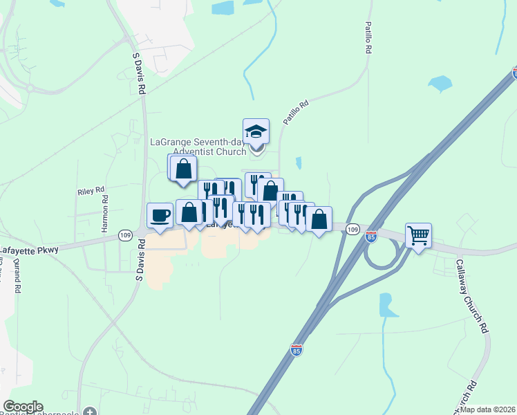 map of restaurants, bars, coffee shops, grocery stores, and more near 1513 Lafayette Parkway in LaGrange