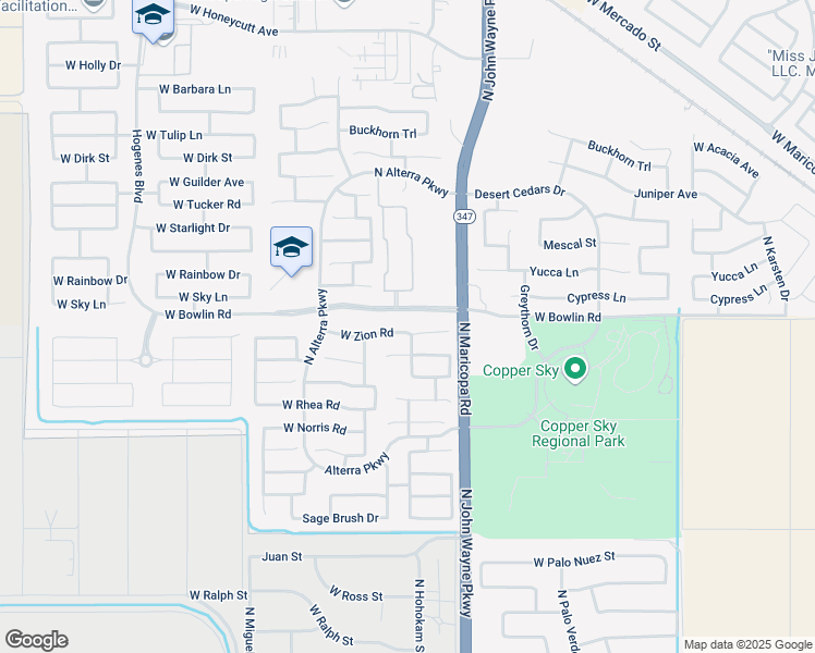 map of restaurants, bars, coffee shops, grocery stores, and more near 44900 West Zion Road in Maricopa